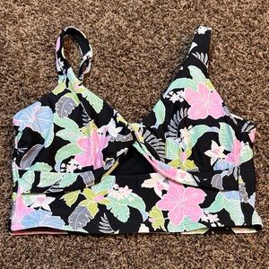 Floral Twist Front Bikini Top - Black with Pastel Flowers